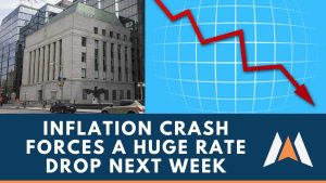Bank building with falling stock chart.