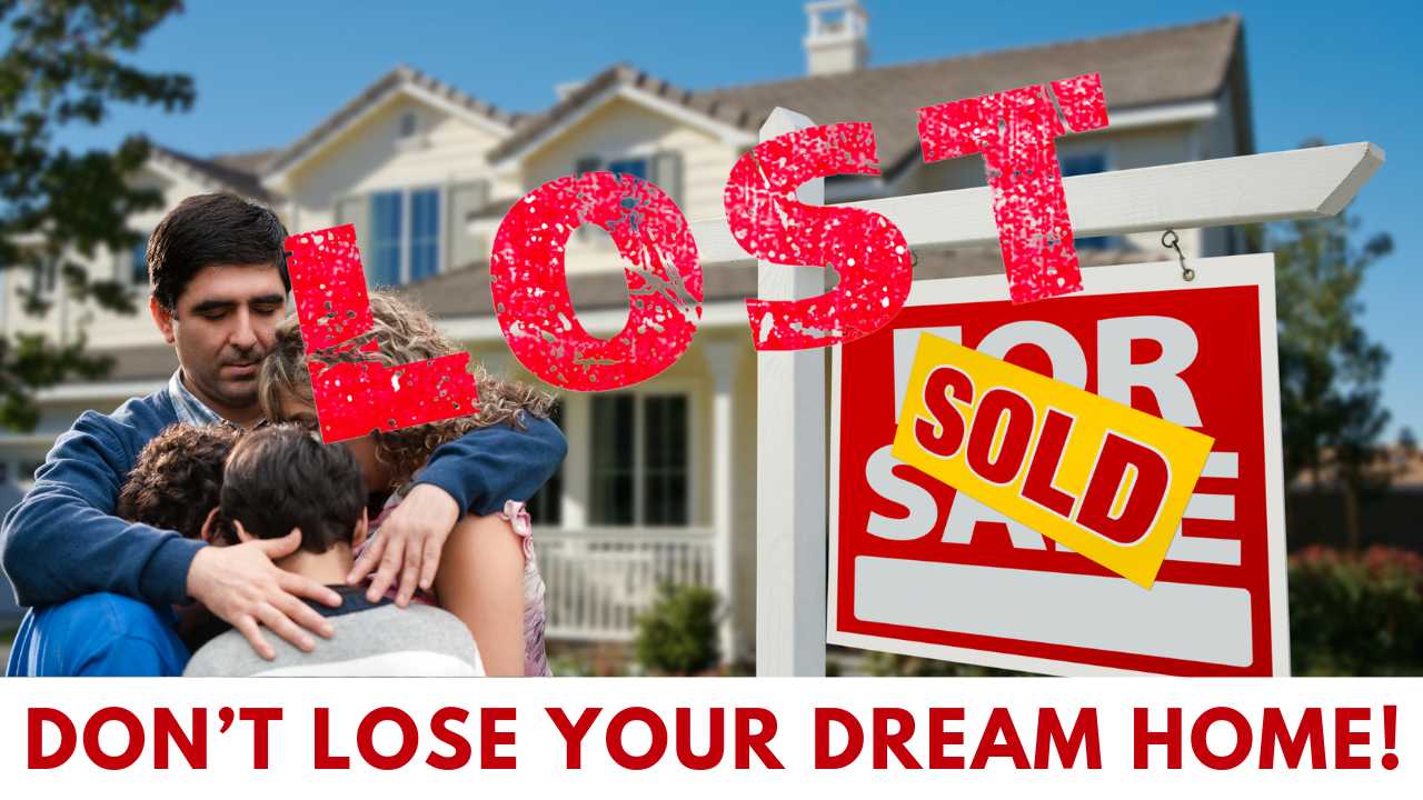 Family upset losing dream home, sold sign visible.