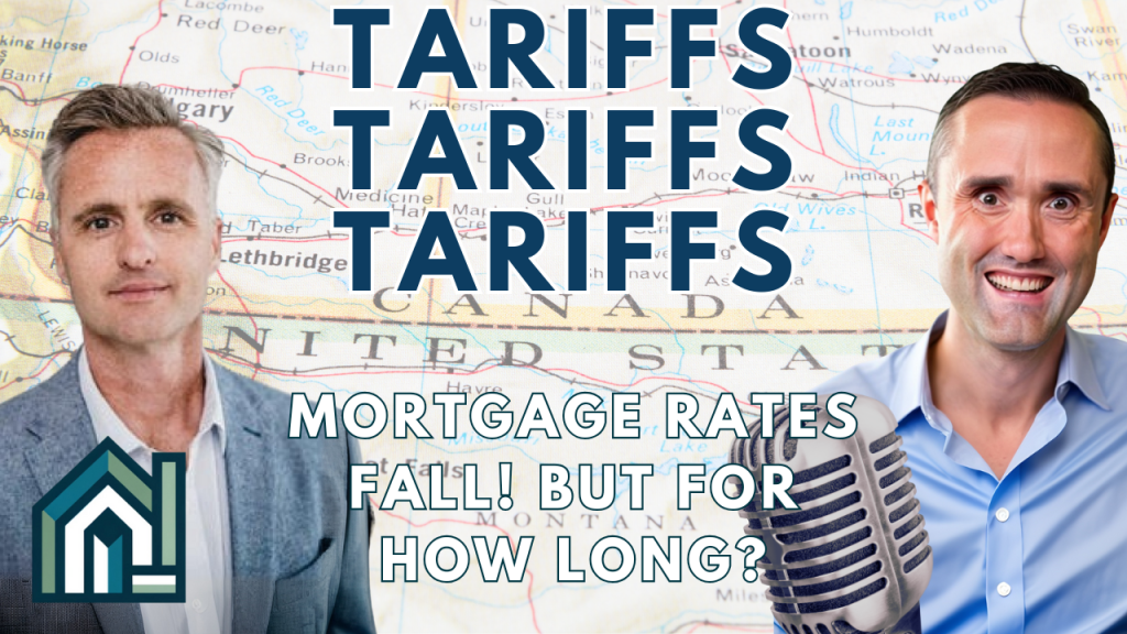 Tariffs impact mortgage rates, map background, two people.