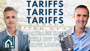 Tariffs impact mortgage rates, map background, two people.