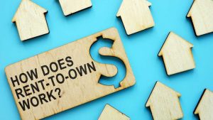 Rent-to-own query with wooden houses illustration.