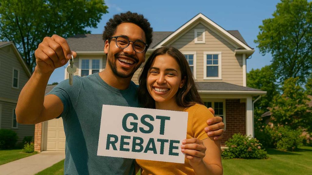 Couple celebrating new home with GST rebate sign.