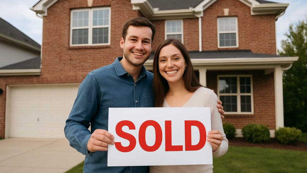 Happy couple holding 'Sold' sign in front of house.