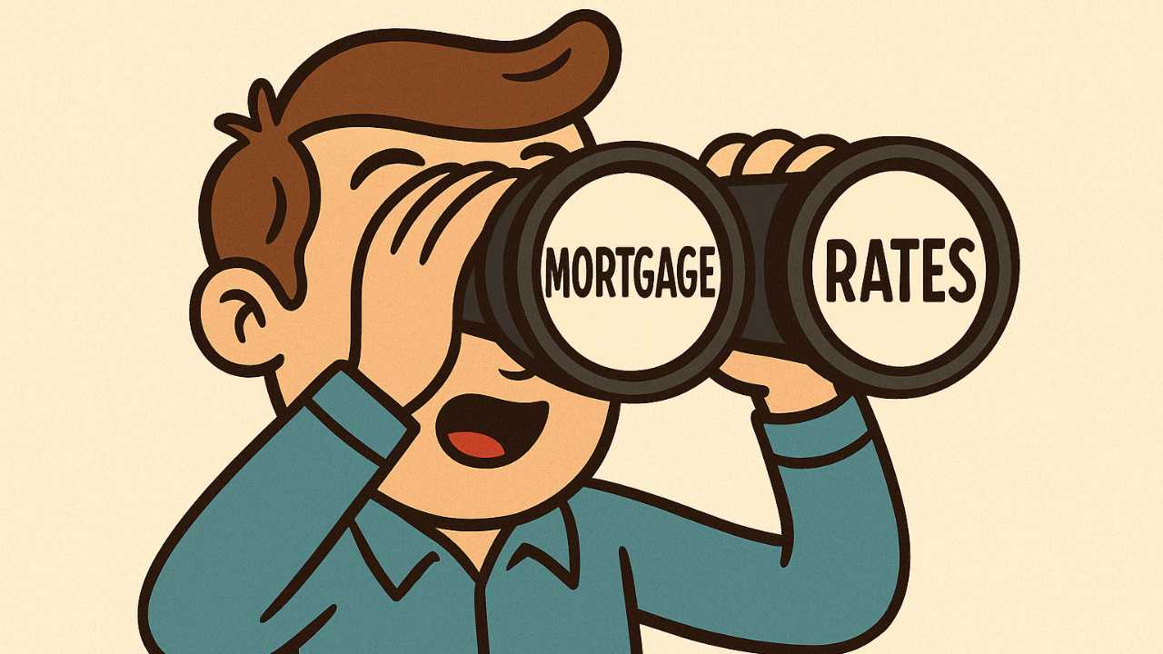 Man looking through binoculars labeled 'Mortgage Rates'