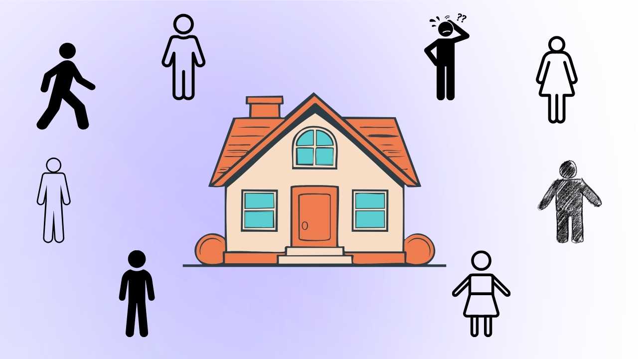 Illustration of house surrounded by diverse stick figures.