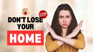 Woman with crossed arms, warning about home loss.