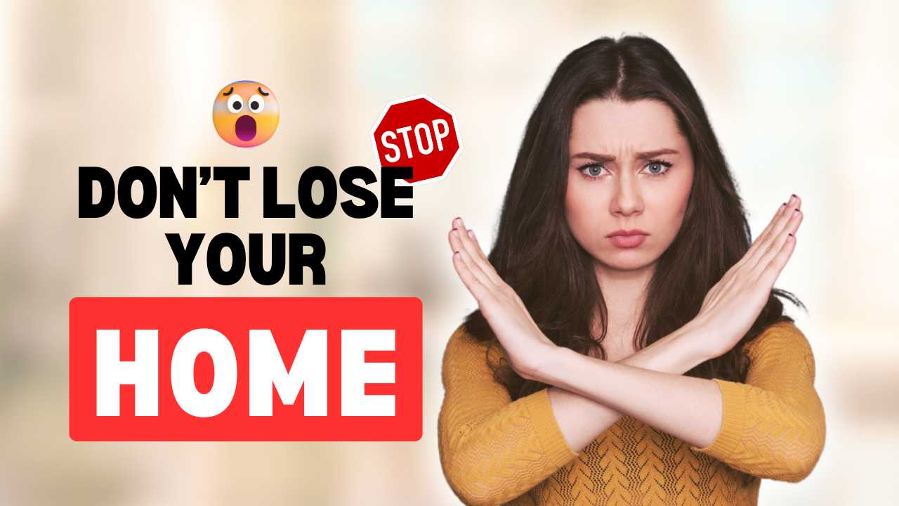Woman with crossed arms, warning about home loss.