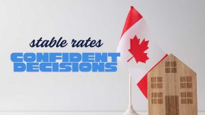 Canadian flag and wooden house model display.