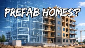 Prefab homes construction blueprint and building site.