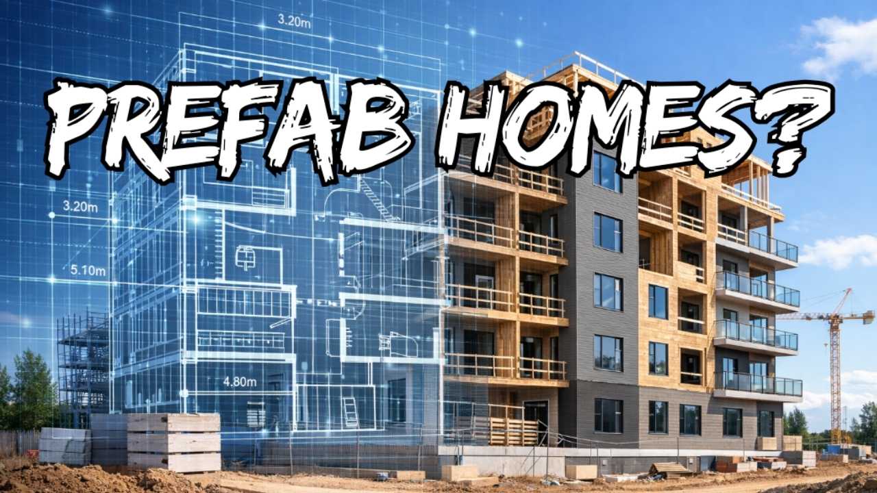 Prefab homes construction blueprint and building site.