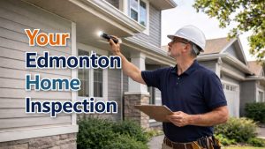 Home inspector examining house exterior in Edmonton
