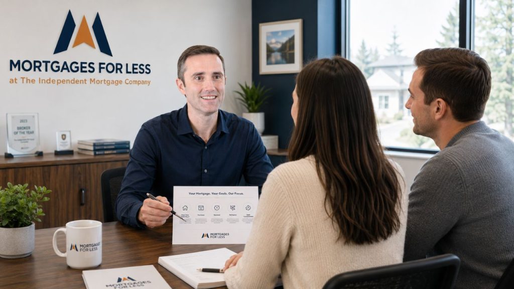 Josh Tagg at a boardroom table with a couple, pointing at a Mortgages for Less handout headed "Your Mortgage. Your Goals. Our Focus.", a Broker of the Year award on the credenza behind him