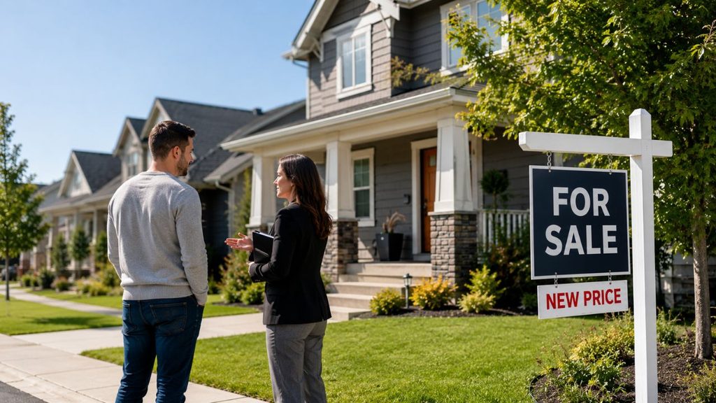 A man and a woman in business clothes talking on the sidewalk in front of a two-storey house, beside a For Sale sign with a red New Price rider