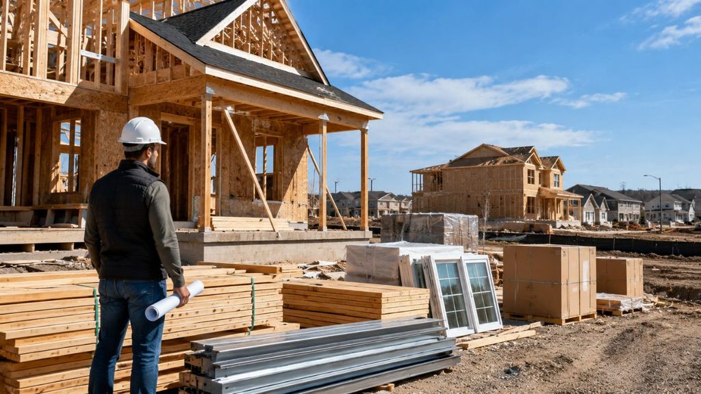 A builder in a hard hat holding rolled plans, looking at a half-framed house on a new subdivision lot stacked with lumber, aluminum lengths and crated windows