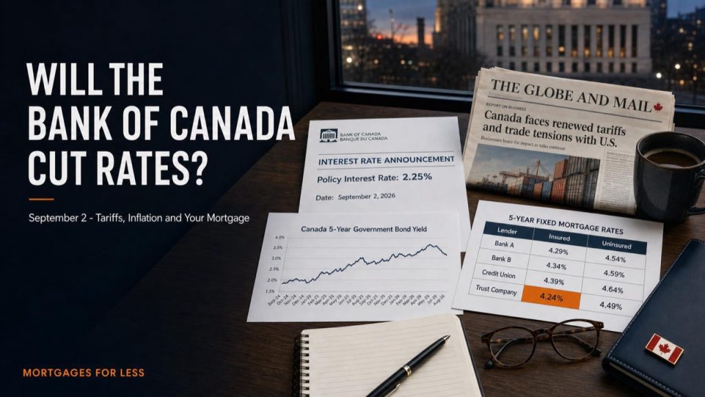 Economist's desk at dusk with a Bank of Canada rate announcement, a bond yield chart, a mortgage rate sheet and a newspaper tariff headline