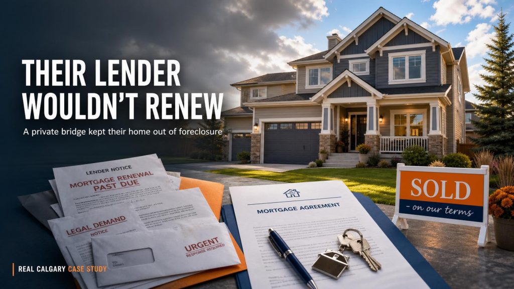 Calgary two-storey home with a SOLD sign and a signed mortgage agreement replacing past-due lender and legal demand notices
