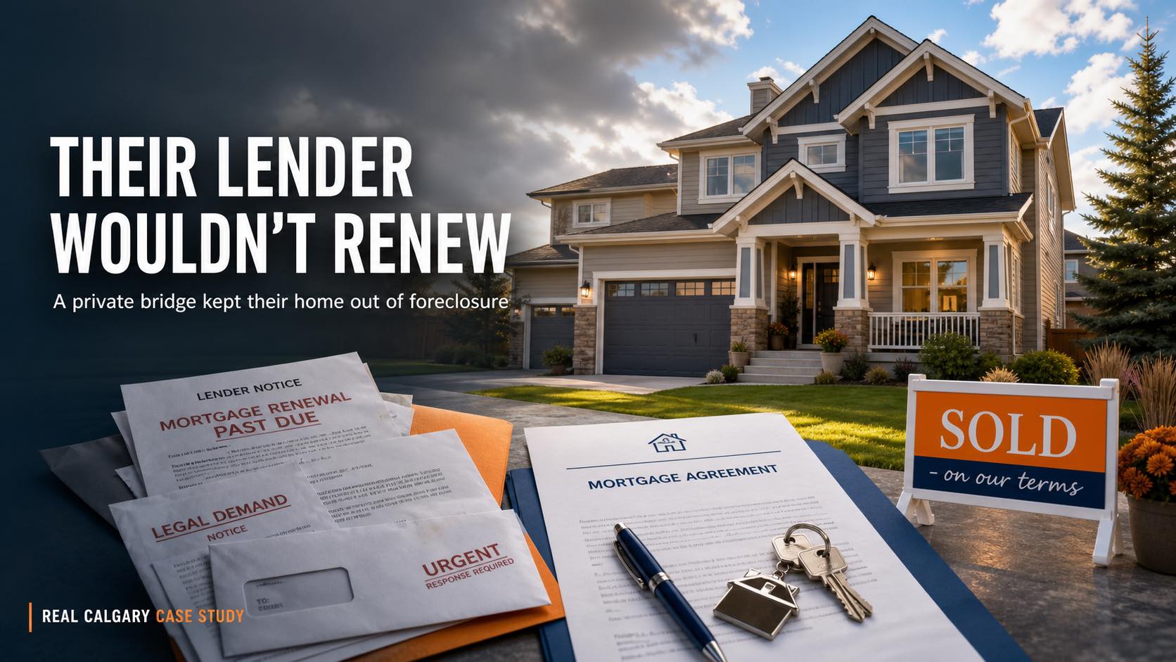 Calgary two-storey home with a SOLD sign and a signed mortgage agreement replacing past-due lender and legal demand notices