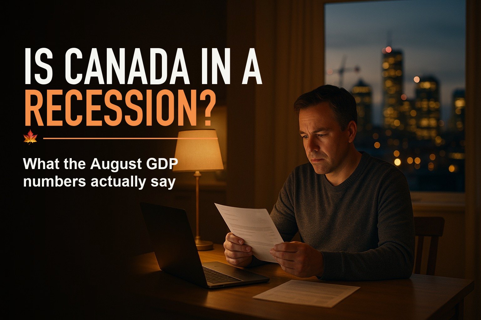 Blog cover for "Is Canada in a recession? What the August GDP numbers actually say" — a worried homeowner reads a bill at night with a lit city skyline behind.