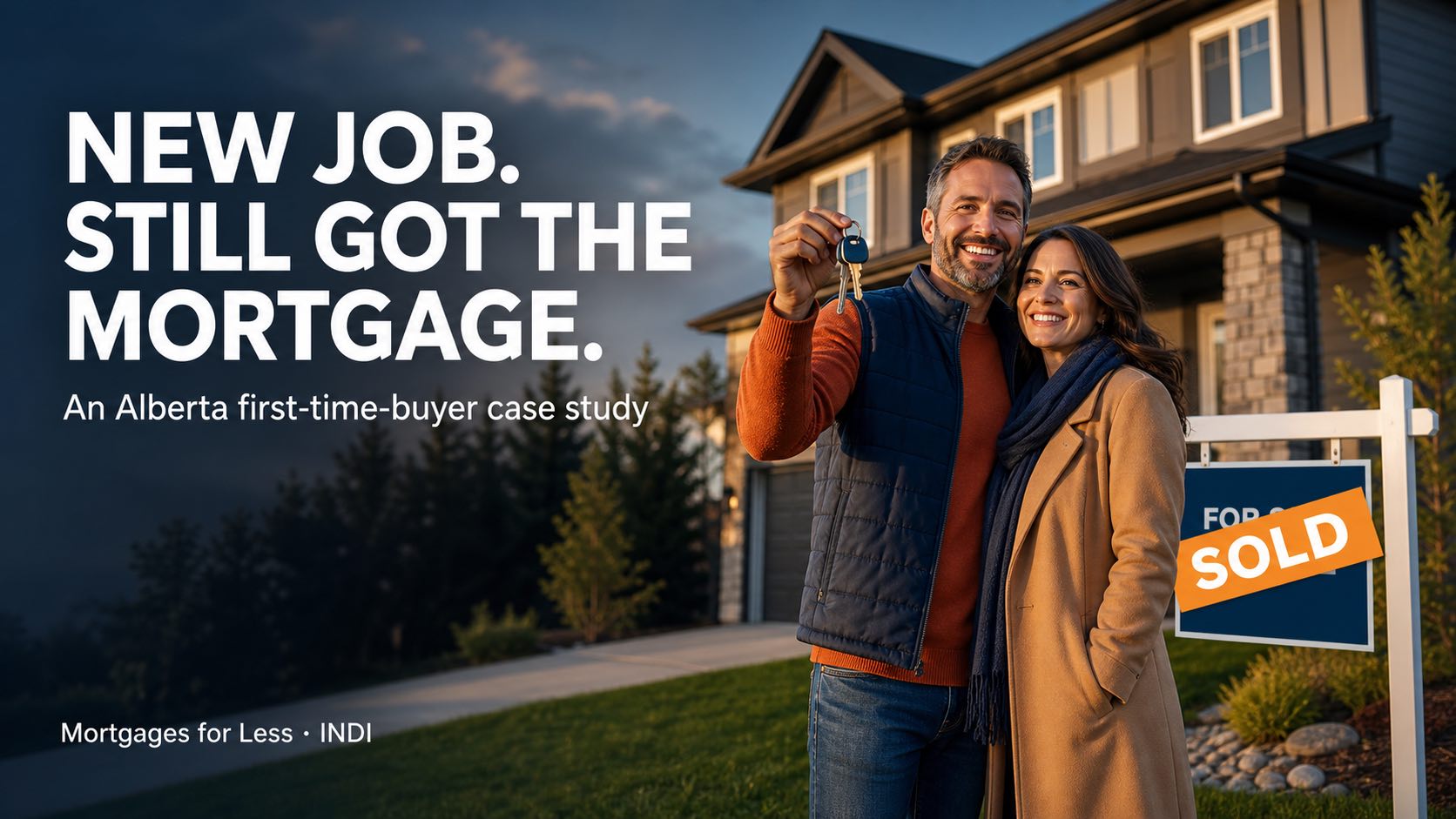 First-time buyers holding house keys in front of their new home with a SOLD sign