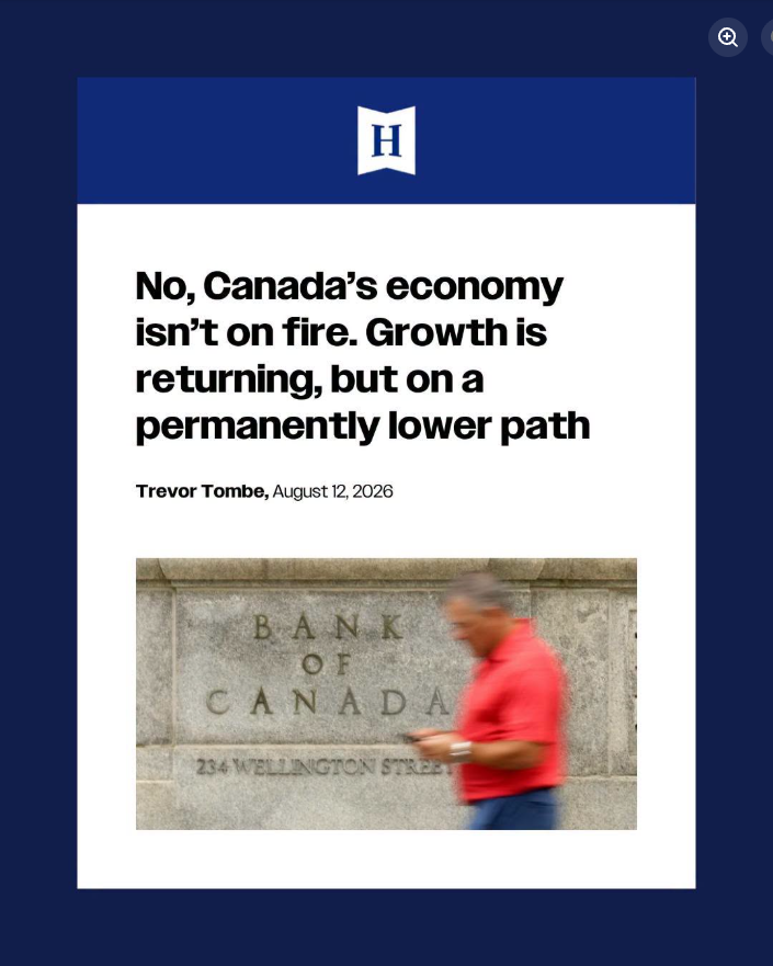 Conservative graphic: No, Canada's economy isn't on fire. Growth is returning, but on a permanently lower path — attributed to Trevor Tombe.