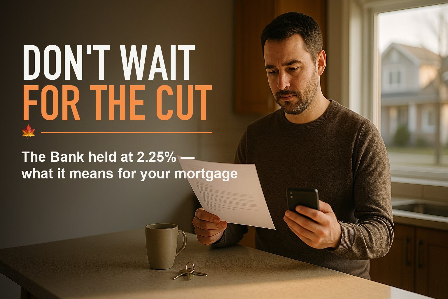 A calm Canadian homeowner reads a mortgage renewal letter at a kitchen island, with the headline "Don't wait for the cut — the Bank of Canada held at 2.25%."